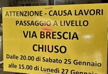 Chiusura al traffico veicolare nel tratto di strada del passaggio a livello di via Brescia da sabato 25 a lunedì 27 gennaio